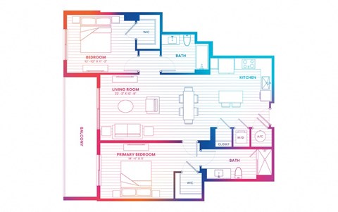 Floor plan for 2 beds, 2 baths, 1133 sqft